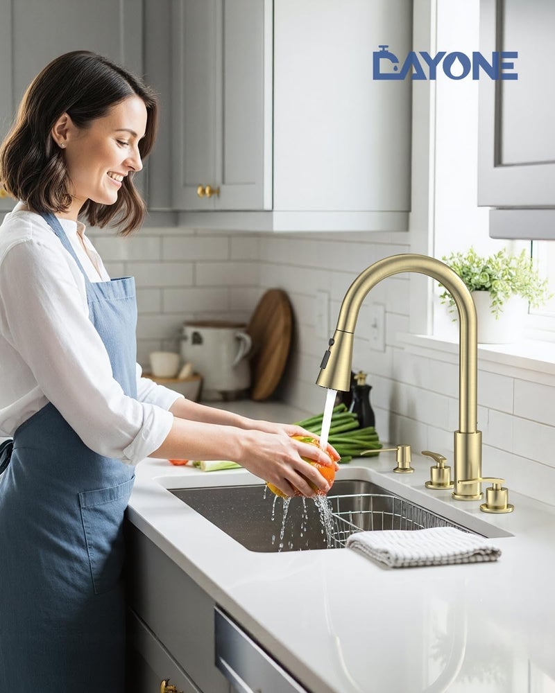 DAYONE 2 Handle Kitchen Faucet with Pull Down Sprayer, 4 Hole Sink Faucets with Separate Handle for Kitchen RV Laundry Bar, 3 Modes, SUS304 Stainless Steel, Brushed Gold - Image 2